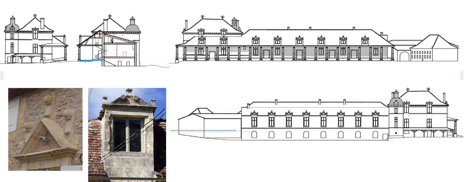 VARIANTE AVEC COMBLE DE LA GALERIE PLUS ÉLEVÉ ( et lucarnes inspirées d’un modèle réutilisé et provenant certainement du château démoli )